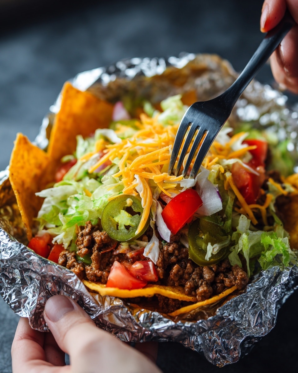 A close-up of a person's hands holding an open bag of orange-colored tortilla chips layered with ground beef at the bottom, green jalapeño slices, red tomato pieces, shredded light yellow cheese, and torn white lettuce leaves on top, a black plastic fork is digging into the toppings inside the shiny silver foil interior of the bag, the background is blurred with a dark color. Photo taken with an iphone --ar 4:5 --v 7
