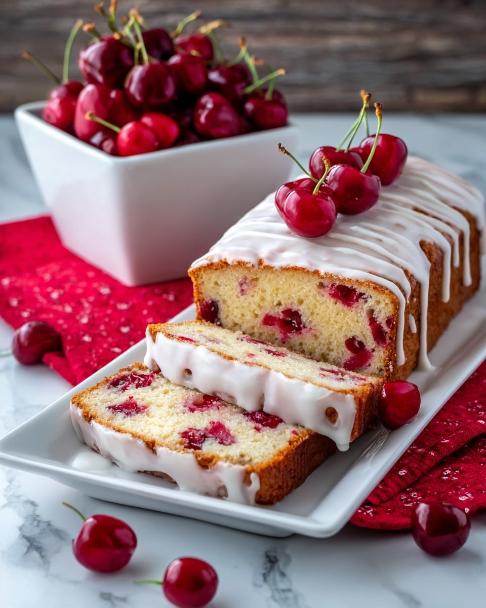 A white rectangular plate holds a loaf cake with two slices cut from the front, showing a moist interior filled with bright red cherry pieces evenly spread throughout. The top of the cake is covered with a smooth white glaze drizzled in stripes that slightly drip down the sides. Around the plate are a few loose shiny red cherries. In the background, a white square bowl filled with fresh cherries sits on a red cloth on a white marbled surface, with a rustic wooden wall behind. Photo taken with an iphone --ar 4:5 --v 7