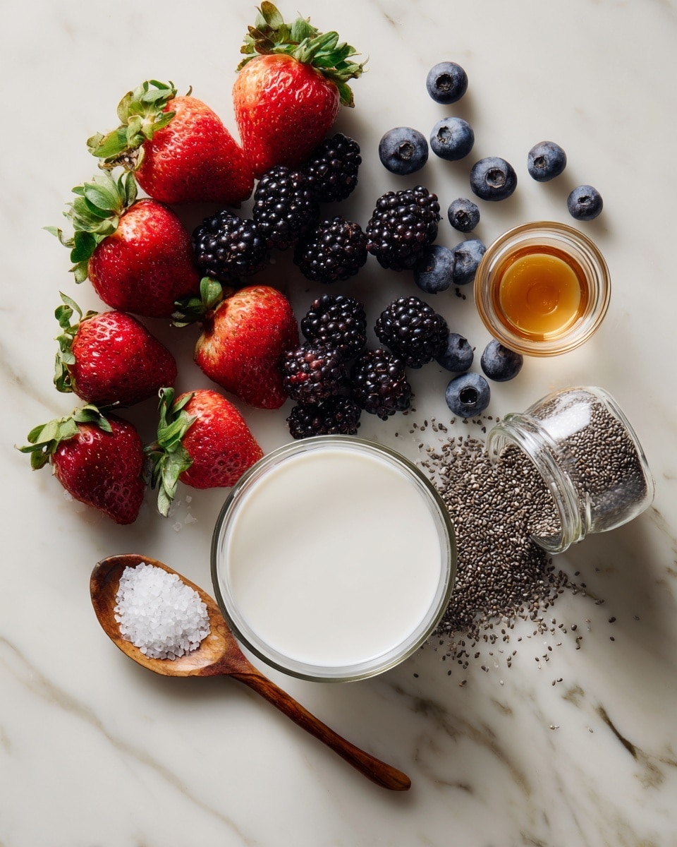 The image shows fresh berries scattered diagonally from top left to bottom left, including red strawberries with green leaves, dark blackberries, and small blue blueberries. To the right of the berries, there is a small white bowl with golden brown maple syrup near the top right. Below the berries and syrup, a round glass bowl filled with white coconut milk sits in the center. To the right of the coconut milk, black chia seeds spill out from a glass jar tilted on its side. At the bottom left, a small wooden spoon holds white salt crystals. At the bottom right, near the salt, another small white bowl contains dark vanilla extract. The scene is set on a white marbled texture. photo taken with an iphone --ar 4:5 --v 7