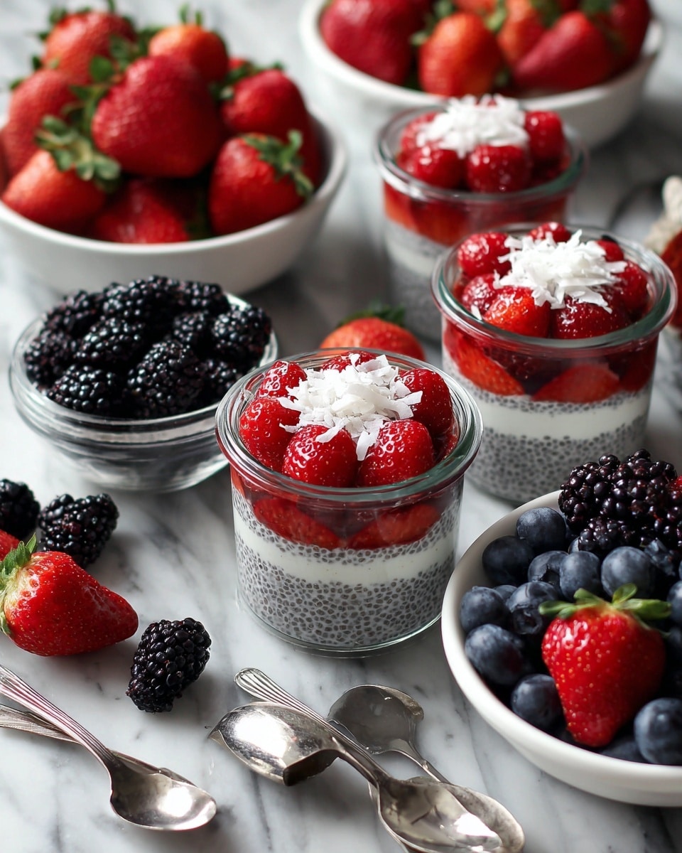 The image shows several small clear glass cups and jars filled with layered chia pudding and fresh fruit. Each container has at least three layers: a bottom layer of dark blackberries or strawberries, a middle layer of creamy white chia pudding, and a top layer of fresh berries with white coconut flakes scattered on top. Surrounding the glasses are bowls filled with bright red strawberries and a mix of dark blackberries and blueberries, placed on a white marbled surface. Some strawberries and blackberries are scattered around the jars, with a few shiny silver spoons placed on the table nearby. photo taken with an iphone --ar 4:5 --v 7
