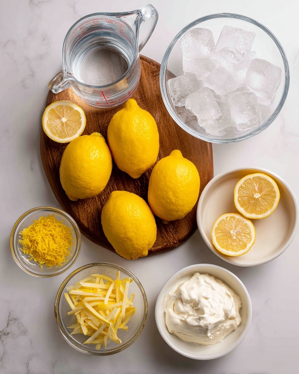 The image shows a neat arrangement of ingredients on a white marbled surface. In the center is a wooden board holding six whole bright yellow lemons and two lemon halves with visible seeds and pulp. To the top left of the board, there is a clear glass measuring cup filled with water. At the top right, a white bowl is full of large clear ice cubes. Below the board on the left is a small bowl filled with yellow lemon zest. Next to it is a clear bowl with thinly sliced lemon pieces stacked inside. To the right of these, there is a white bowl filled with fluffy white whipped cream. Above that is another white bowl with light beige sweetened condensed milk. The word labels for each ingredient are positioned near the items in bold black letters. Photo taken with an iphone --ar 4:5 --v 7