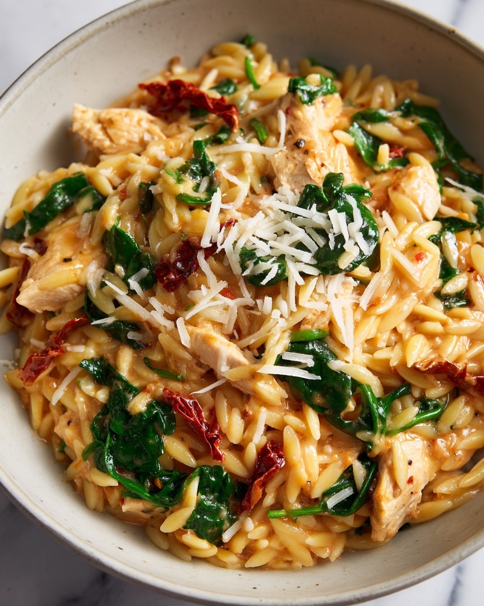 A close-up view of a creamy orzo pasta dish showing a mix of light orange sauce coating the short, rice-shaped pasta grains. Scattered throughout are pieces of cooked white chicken, dark green spinach leaves, and strips of reddish sun-dried tomatoes. The dish is topped with a sprinkling of shredded white cheese that adds a soft texture on the creamy surface. The background is a white marbled texture. photo taken with an iphone --ar 4:5 --v 7