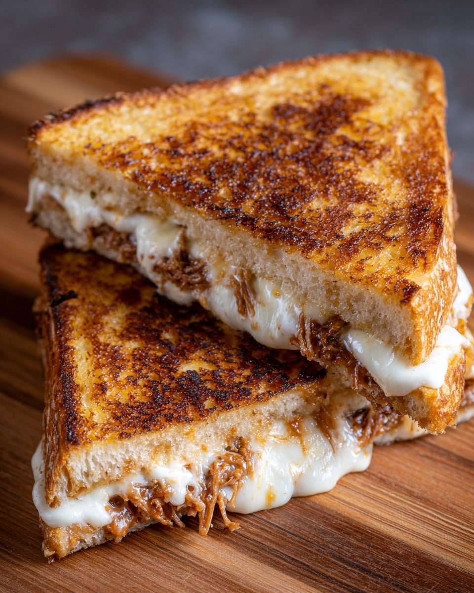 A toasted sandwich is shown with two triangular halves placed on a wooden surface. The sandwich has three visible layers: the outer two layers are golden-brown toasted bread with a crispy texture, while the middle layer shows melted white cheese and shredded brown meat peeking out from the edges. The bread's surface has a rough pattern from toasting, with some areas darker than others, especially near the edges. The melted cheese looks creamy and stretches a bit out from the sandwich, adding a soft contrast to the crunchy bread. Photo taken with an iphone --ar 4:5 --v 7