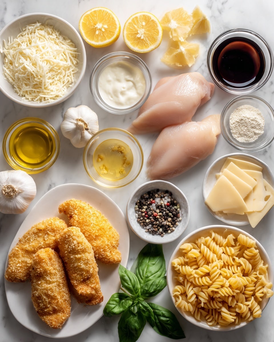 The image shows a top view of many ingredients neatly placed on a white marbled surface. There are three raw light-pink chicken pieces topped at the center. Around them are small bowls and piles of food: white shredded cheese in a white bowl on the left, two lemon halves with bright yellow skin, fresh green basil leaves, two whole white garlic bulbs, a bowl of cream-colored liquid, a clear bowl of golden oil, slices of pale yellow Swiss cheese, a small glass bowl with white and black peppercorns, a bowl of coarse white powder, a dark reddish-brown liquid in a glass bowl, a white plate holding four breaded golden-brown fried chicken tenders, and a bowl of light yellow cooked pasta spirals. All items are arranged in an organized layout. Photo taken with an iphone --ar 4:5 --v 7