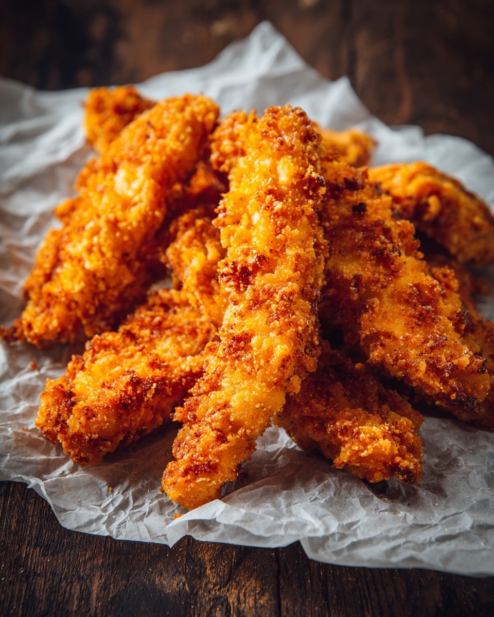 Several crispy golden brown breaded chicken strips are piled on crumpled white parchment paper. Each strip has a crunchy texture with an uneven coating, showing a mix of light and darker orange tones. The chicken strips are placed closely together, some overlapping, on a dark wooden textured surface. The focus is sharp on the front pieces and softens towards the back. photo taken with an iphone --ar 4:5 --v 7