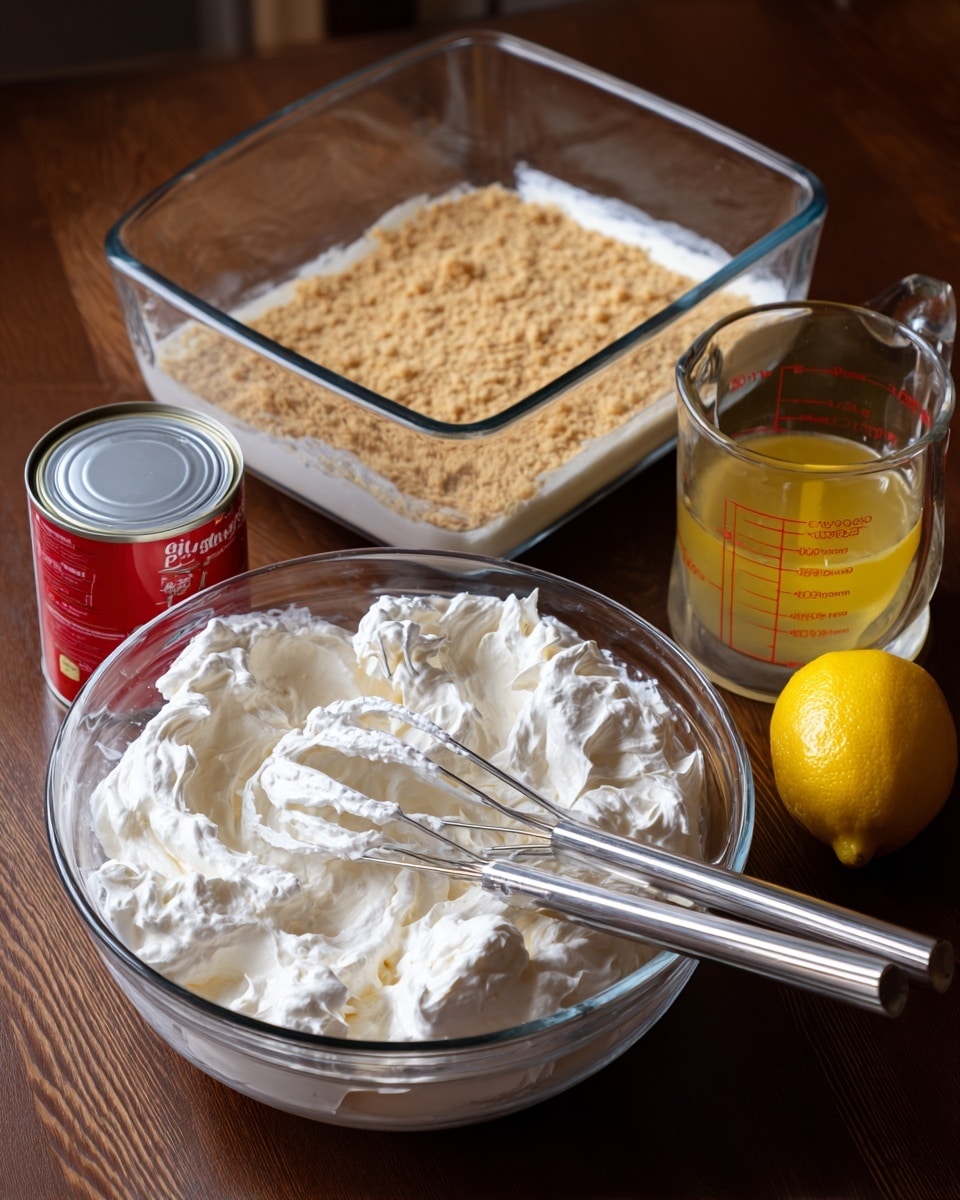 The image shows a layered setup for making a dessert. At the back, there is a clear glass square dish with a light brown crumb layer spread evenly at the bottom. In the front, there is a large clear glass bowl filled with a fluffy, white whipped mixture, with two silver beaters resting in it. To the left, there is a red and white can, partially open, and on the right side, there is a whole yellow lemon next to a large clear glass measuring cup with a yellow liquid inside. The background is a dark wooden surface. Photo taken with an iphone --ar 4:5 --v 7