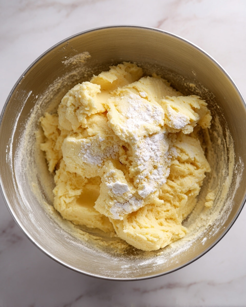 The image shows a close-up view of dough inside a large metal bowl with a smooth, shiny surface. The dough is creamy yellow with a slightly rough and grainy texture, made up of several uneven clumps sticking together. Some parts of the dough are dusted with white flour, giving a powdery contrast against the yellowish dough. The bowl sits on a white marbled surface, which adds a clean, bright background to the scene. Photo taken with an iphone --ar 4:5 --v 7