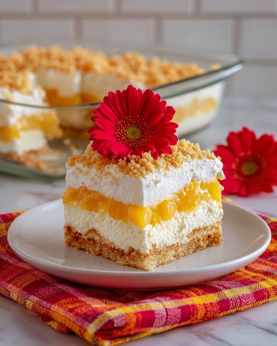 A square piece of layered dessert is placed on a white plate, resting on a vibrant red, yellow, and orange plaid cloth. The dessert has three visible layers: a thick, crumbly golden-brown base, a thick middle layer of fluffy white cream with small chunks of light yellow fruit, and a thin top layer of crushed crumbs matching the base. On top of the dessert sits a bright red flower with a yellow center. In the background, there is a clear glass dish with the full dessert, showing the same layers with a missing section where the piece was taken. The whole scene is set on a white marbled surface with a subtle tiled white background. photo taken with an iphone --ar 4:5 --v 7