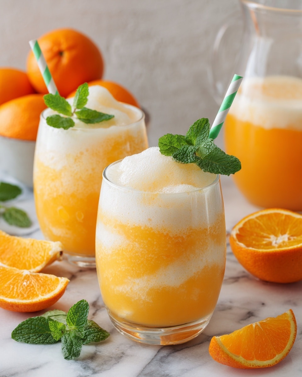 Two clear cups filled with an orange drink topped with a thick, light creamy foam layer are placed on a white marbled surface. Each cup has a green and white striped straw, with one cup garnished with a small green mint leaf on top of the foam. Around the cups, there are fresh orange wedges showing their bright orange and juicy texture. In the background, a large clear bowl filled with more of the orange drink topped with foam sits alongside a clear glass pitcher filled with orange juice, all set on the white marbled surface with whole oranges nearby. Photo taken with an iphone --ar 4:5 --v 7