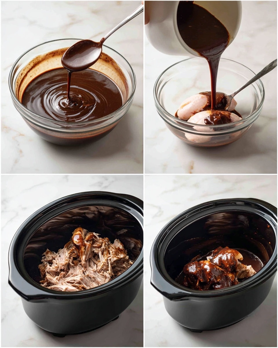 A collage of four images shows the process of making a dish with three layers. In the first image, a clear glass bowl contains a thick, dark brown sauce with a smooth, slightly glossy texture and some ripples. The second image shows the dark brown sauce being poured from the glass bowl over three raw pale pink chicken pieces arranged side by side inside a black slow cooker. The third image presents the slow cooker with the chicken cooked to a dark brown color, sitting partially submerged in the thick sauce. The fourth image captures the cooked chicken being shredded with two forks, revealing a tender inside and more of the dark sauce around and on top of the shredded chicken, all inside the slow cooker. The background surface is a white marbled texture. Photo taken with an iphone --ar 4:5 --v 7