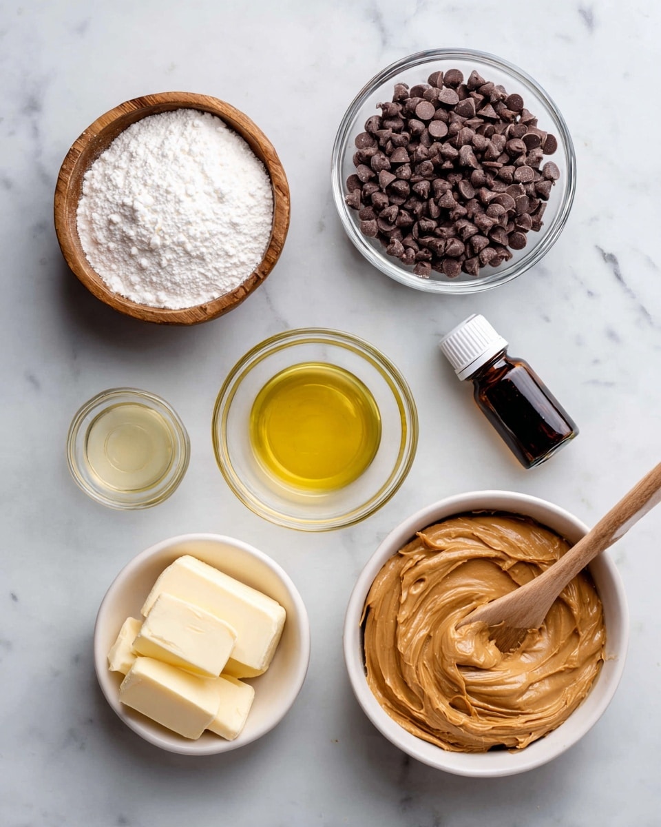 The image shows six ingredients placed neatly on a white marbled surface. On the top left is a wooden bowl filled with fine white powdered sugar and a small metal sifter resting inside it. To its right is a clear glass bowl full of small, dark brown semi-sweet chocolate chips. Below the chocolate chips sits a small clear glass bowl with light yellow oil. On the bottom left, there is another small clear glass bowl filled with creamy light yellow butter. Next to it on the right, there is a dark brown small bottle of vanilla extract with a white cap. Lastly, on the bottom right, a large white bowl contains smooth light brown peanut butter with a wooden spoon placed inside it. Each ingredient is clearly labeled with bold black text above or beside it. Photo taken with an iphone --ar 4:5 --v 7