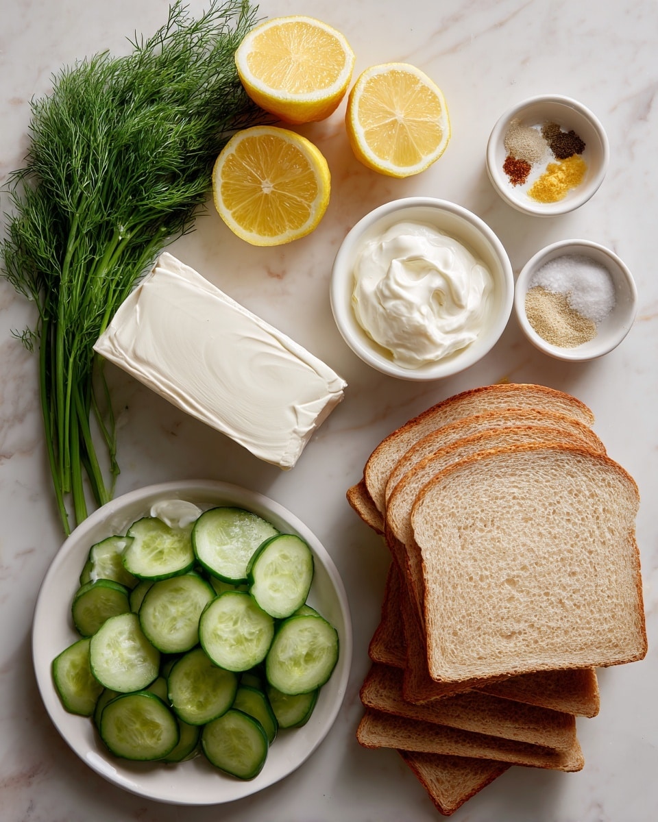 The image shows ingredients for a recipe arranged on a white marbled surface. At the top left, there is a bunch of fresh green dill next to two lemon halves and two lemon slices that are bright yellow with a juicy texture. To the right, there is a small white bowl with mixed pepper and onion powder, another white bowl with creamy white sour cream, and another with thick white mayo. At the bottom left, there is a block of smooth white cream cheese, and next to it is a white plate filled with thin, round slices of dark green English cucumber. On the right side, there is a small stack of four whole wheat sandwich bread slices, showing a light brown crust and soft beige inside. In the bottom right corner, there are several sandwich triangles made from the bread. photo taken with an iphone --ar 4:5 --v 7
