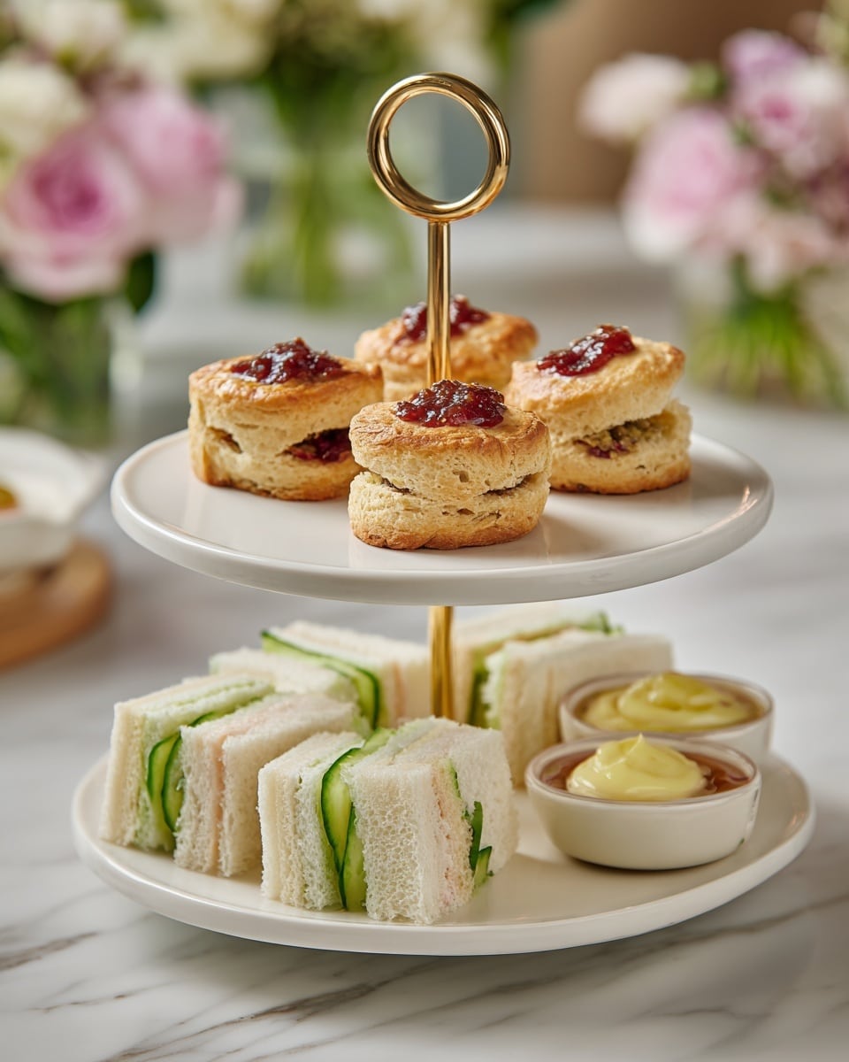 A two-layer white dessert stand holds different treats; the top layer has three golden brown pastries with a light flaky texture and visible red jam inside, along with three small tarts filled with creamy yellow custard, all placed around a gold handle in the center. The bottom layer shows a circle of neat white finger sandwiches with soft bread and thin green cucumber slices inside, all on a white marbled surface with blurred pink and white flowers in the background. photo taken with an iphone --ar 4:5 --v 7