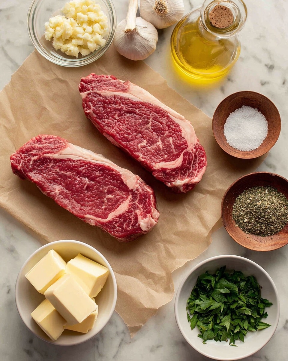 Two raw sirloin steaks with red and white marbling lay on a sheet of light brown parchment paper, centered on a white marbled surface. Above them, a small clear glass bowl holds minced garlic, cream-colored and textured, with a whole garlic bulb and a separated clove nearby. To the right, three small wooden bowls contain a bright white salt, coarse black pepper, and golden olive oil in a clear bottle with a cork. Below, a clear bowl holds pale yellow butter cut into cubes, next to a small glass bowl of dried Italian seasoning with brownish green tones. Fresh dark green parsley sprigs and a small white bowl with finely chopped parsley add vibrant color to the bottom right. Each ingredient is labelled with large black text. Photo taken with an iphone --ar 4:5 --v 7