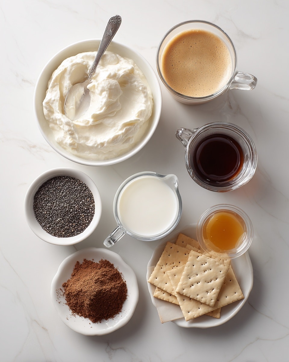 The image shows seven white dishes and a glass arranged on a white marbled surface. Starting from the top left, there is a white bowl filled with thick, creamy white yogurt-like texture with a spoon resting inside. Moving clockwise, a clear glass contains light brown coffee with a frothy top. Below it, a small white bowl holds a dark brown liquid, possibly vanilla or syrup. Next, a glass measuring cup filled with white milk is placed. To the left, a white bowl contains black chia seeds with a speckled texture. Above it, a small white dish is filled with cocoa powder that has fine, crumbly texture. In the center-left, another small white bowl holds a smooth, golden-brown liquid, likely syrup. Lastly, at the bottom left, a round white plate holds square light brown crackers with a perforated pattern. The whole setting is neat and bright. photo taken with an iphone --ar 4:5 --v 7