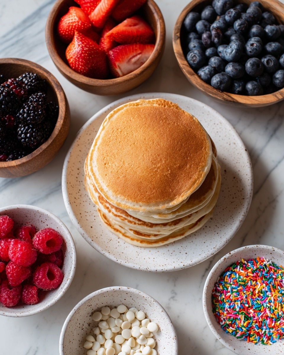 A stack of four golden-brown pancakes with soft, slightly uneven edges sits on a speckled white plate in the lower right corner. Surrounding it are five small bowls: to the upper left is a bowl with bright red strawberry halves, above that a bowl filled with plump dark blue blueberries, to the left a wooden bowl with shiny blackberries, below that a speckled white bowl holding fresh red raspberries, and in the bottom center two small white bowls—one with small white chocolate chips and the other with colorful rainbow sprinkles. The whole arrangement is placed on a white marbled surface. photo taken with an iphone --ar 4:5 --v 7