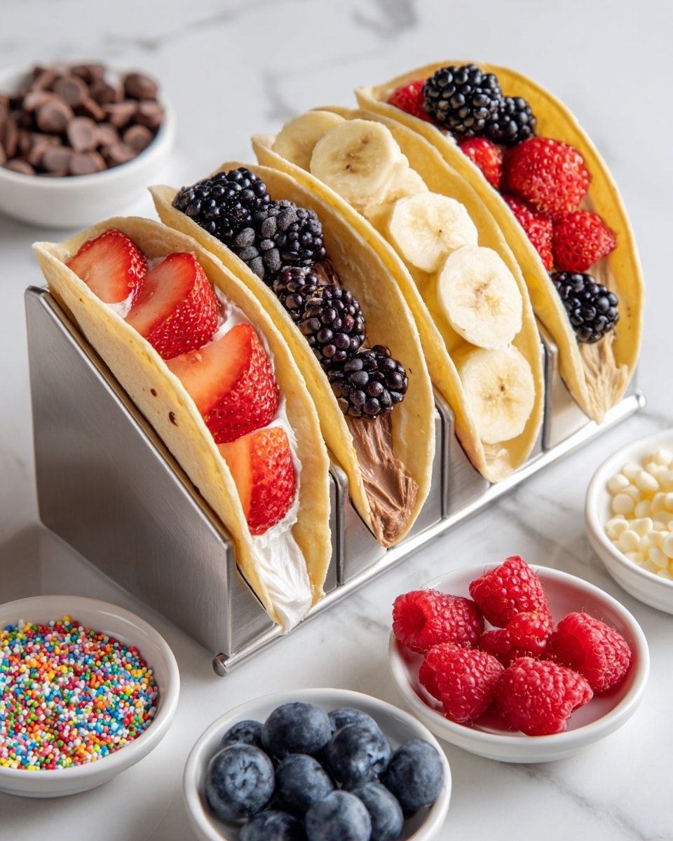 Four small soft golden tortillas stand vertically in a silver metal holder lined up on a white marbled surface; each tortilla has a smooth light brown spread base and is filled with different fresh fruits - the first with red strawberry slices, the second with banana slices, the third with a mix of dark blackberries, blueberries, and strawberry pieces, and the fourth with blueberries and red raspberries. Around the holder are small white bowls containing whole blueberries, raspberries, red strawberry pieces, white chocolate chips, and colorful sprinkles. Photo taken with an iphone --ar 4:5 --v 7