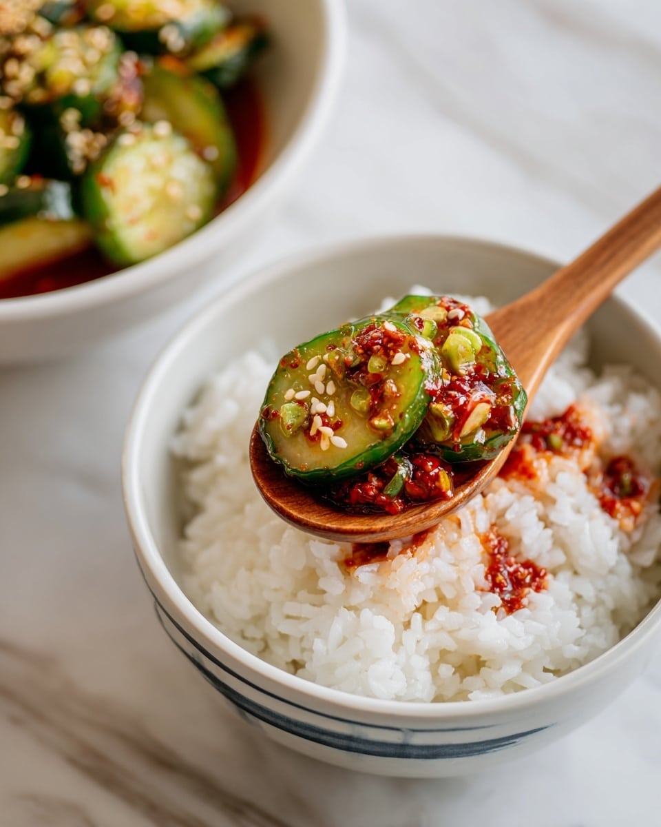 The image shows a close-up of a bowl of white rice with a wooden spoon resting on top, holding two slices of cucumber mixed with a red spicy sauce and topped with small green onion pieces and sesame seeds. The bowl is white with a simple blue and black design inside. In the background, there is a partial view of a white bowl filled with more cucumber slices mixed with the same red sauce, green onions, and sesame seeds. Both bowls sit on a white marbled surface with soft natural lighting. Photo taken with an iphone --ar 4:5 --v 7