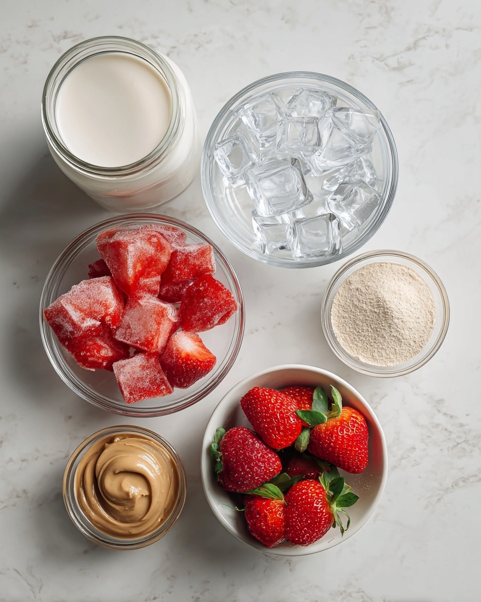 The image shows six main items arranged on a white marbled surface. At the top left, there is a clear glass jar filled with white non dairy milk. To the right of it, there is a small clear bowl filled with clear ice cubes. In the center, a white bowl contains bright red frozen strawberries with a frosty texture. Below the frozen strawberries, there is a small clear bowl filled with light beige vanilla protein powder. To the right of this powder is a small white bowl with smooth, light brown cashew or almond butter. At the bottom right, a white bowl holds fresh, vibrant red strawberries with green leaves on top. Photo taken with an iphone --ar 4:5 --v 7