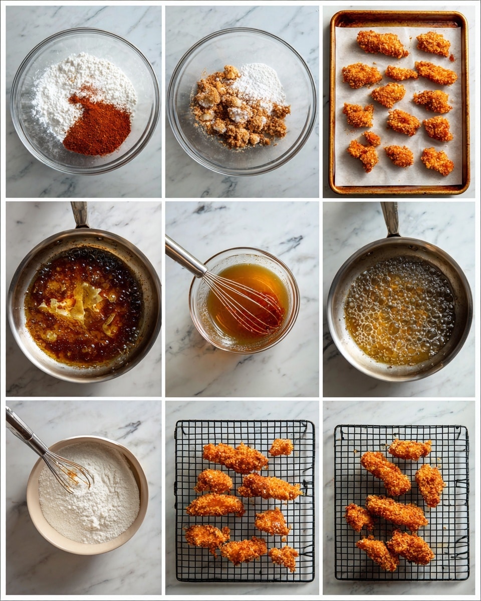 The image shows eight small photos arranged in two rows, displaying the process of making crispy fried chicken strips. The top row starts with a bowl of raw chicken pieces covered in a mix of white flour and red spices. Next is a baking tray lined with parchment paper holding chicken strips coated in the flour-spice mix. The third photo shows oil heating in a silver pan, and the fourth captures the chicken pieces frying in the bubbling hot oil, turning golden brown. The bottom row begins with cooked chicken strips cooling on a black wire rack. The fifth photo shows a bowl with white flour and a reddish-brown sauce being mixed with a whisk in the sixth photo. The final image displays cooked chicken strips well fried and crisp on the black wire rack. The surface seen in several photos is a white marbled texture. Photo taken with an iphone --ar 4:5 --v 7