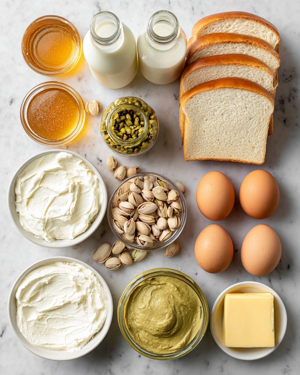 The image shows ingredients neatly arranged on a white marbled surface, each labeled for easy identification. There is a stack of sliced brioche bread in the center, creamy white cream cheese in a bowl at the bottom left, and smooth pistachio nut butter in a jar near it. To the right of the pistachio nut butter is a jar of whole pistachios with a light green color and texture. At the top left, a small bowl of golden honey shines with a thick texture, while next to it stands a clear glass bottle of milk and a small bottle of vanilla extract. On the right side, six brown eggs are arranged in two neat rows of three on the marble surface, and a small dish of yellow butter sits at the bottom right. The colors range from warm golden browns, light creamy whites, to soft greens, all set on the clean white marbled background. The photo taken with an iphone --ar 4:5 --v 7