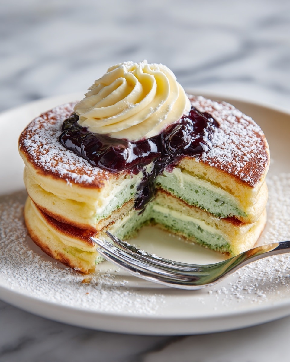 A stack of two thick, golden-brown pancakes sits on a white plate with a white marbled surface beneath. The bottom pancake has a thick, bright green layer of creamy filling, while the top pancake shows bits of white cream inside and a light dusting of powdered sugar on top. On the top pancake, there is a thick swirl of pale yellow cream along one side, next to a large glossy dollop of dark purple blueberry sauce. A shiny silver fork pierces down through the top pancake into the stack. Photo taken with an iphone --ar 4:5 --v 7