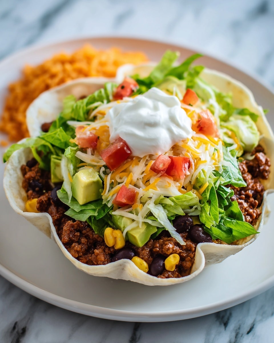 The image shows a white tortilla bowl filled with several layers. At the bottom is a layer of cooked ground meat mixed with black beans and corn, all brown and black with small yellow kernels. On top of this is melted cheese, light yellow and stringy. The next layer is fresh green lettuce leaves scattered with small, red tomato cubes and light green avocado pieces. Over the vegetables is a dollop of white sour cream and some more shredded cheese. The bowl sits on a white plate with a side of orange-colored rice in the background. The surface underneath the plate is a white marbled texture. Photo taken with an iphone --ar 4:5 --v 7