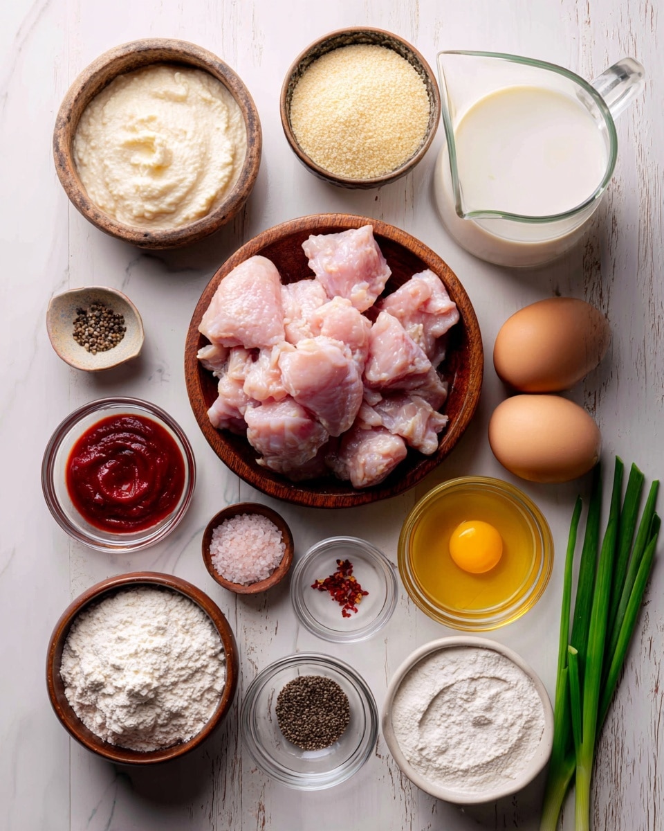A top view shows various ingredients neatly arranged on a white marbled surface. In the center, a wooden bowl holds raw pink chicken pieces. Surrounding it are small bowls with different ingredients: a large brown bowl filled with light beige breadcrumbs on the upper right, a medium brown bowl with white creamy sauce above the chicken, two small brown bowls with pale powders on the top left, and one small brown bowl with black pepper and another with pink salt at the bottom right. Clear glass bowls contain an egg, red sauce, and orange sauce scattered around. There are also bowls with white flour and white powder. A glass measuring jug filled with white milk is on the right side next to a bunch of bright green scallions. The surface underneath everything is white marbled wood. photo taken with an iphone --ar 4:5 --v 7