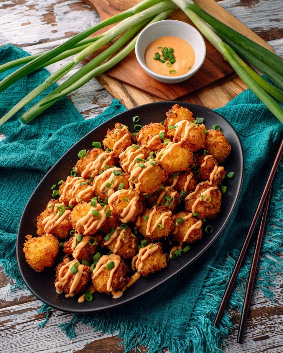 A black oval plate filled with two layers of golden-brown, crispy bite-sized fried pieces, each topped with light orange sauce drizzled in thin lines. Green chopped scallions are scattered evenly over the fried pieces. To the upper right is a small white bowl on a wooden board holding light orange dipping sauce with some chopped green scallion on top. A bunch of fresh whole scallions lies to the right side on the rustic wooden table. A teal cloth with fringed edges is placed at the bottom right. Black chopsticks rest diagonally near the plate on a white marbled surface. photo taken with an iphone --ar 4:5 --v 7