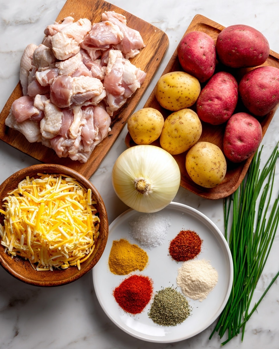 The image shows various ingredients laid out on a white marbled surface. On the top left, raw pink chicken pieces are placed on a wooden board. To the right, red potatoes are arranged, some whole and some cut in half, on another wooden board. A yellow onion and a whole garlic bulb sit between these boards. At the bottom left, shredded yellow and white Colby jack cheese fills a wooden bowl. Next to these are a white plate with five spice powders arranged in small piles: paprika powder, garlic powder, chili powder, black pepper, and salt. Fresh green chives lie at the bottom right. Each item is clearly visible and neatly organized. Photo taken with an iphone --ar 4:5 --v 7