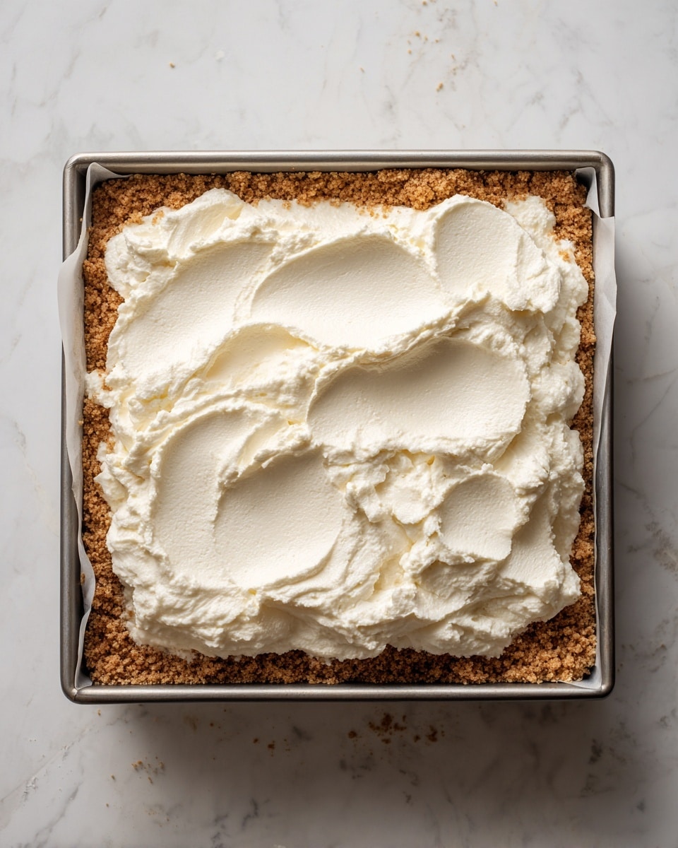 A square metal baking pan lined with white paper holds a two-layer dessert. The bottom layer is a crumbly, light brown crust that covers the entire base of the pan. On top of this, a thick, fluffy white cream layer is dolloped mainly on one side, with soft peaks and a smooth texture. The pan sits on a white marbled surface. photo taken with an iphone --ar 4:5 --v 7
