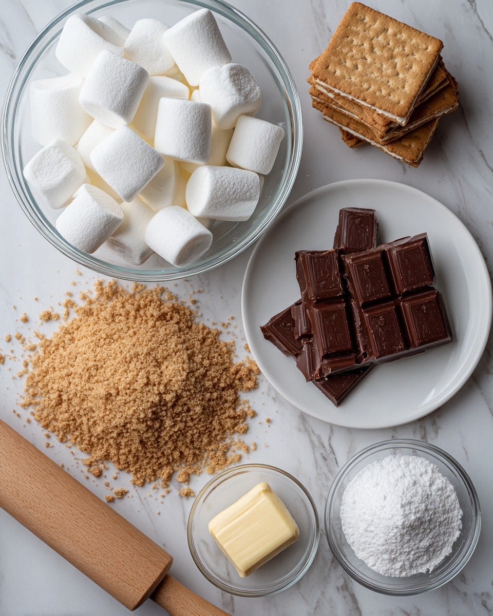 The image shows ingredients for a sweet recipe arranged tidy on a white marbled surface. There is a clear glass bowl at the top filled with 12 large, white marshmallows, soft and puffy in texture. To the right, a white plate holds about two Hershey chocolate bars broken into small rectangular pieces, dark brown and shiny. On the left, a wooden rolling pin lies on top of a pile of light brown graham cracker crumbs, with a few whole graham crackers stacked neatly on the crumbs. Below, a small glass dish contains five tablespoons of pale yellow butter. Next to that, a wooden measuring spoon holds a small amount of white powdered sugar, soft and fine in texture. Photo taken with an iphone --ar 4:5 --v 7