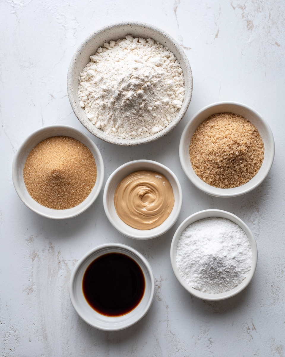 The image shows six small white dishes arranged in a circle on a white marbled surface. At the top is a dish filled with white gluten-free flour that has a powdery texture. Moving clockwise, the next dish contains light brown sugar with a grainy texture. Below it is a dish holding a smooth, light brown vegan butter. Next, there is a dish with a creamy, light tan vegan egg replacer. Above that is a small dish with a dark brown liquid vanilla extract. Finally, there is a small dish with white salt and baking powder mixed together, looking fine and powdery. The white dishes and the white marbled background make the colors of the ingredients stand out sharply. photo taken with an iphone --ar 4:5 --v 7