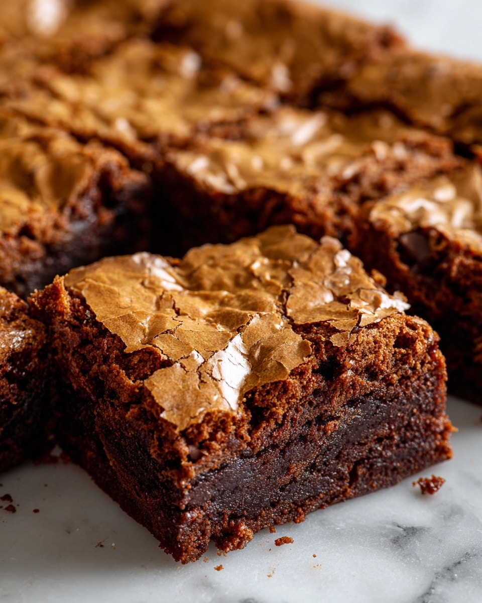 The image shows a close-up of a baked dessert with a single layer. The top layer is cracked and golden brown with a slightly shiny and crispy texture. Underneath the top layer, there is a darker, richer layer peeking through the cracks, suggesting a moist inside. The surface has an uneven, rustic look with some raised and sunken areas. The dessert is cut into square pieces but is still mostly in one block. The background is a white marbled texture photo taken with an iphone --ar 4:5 --v 7