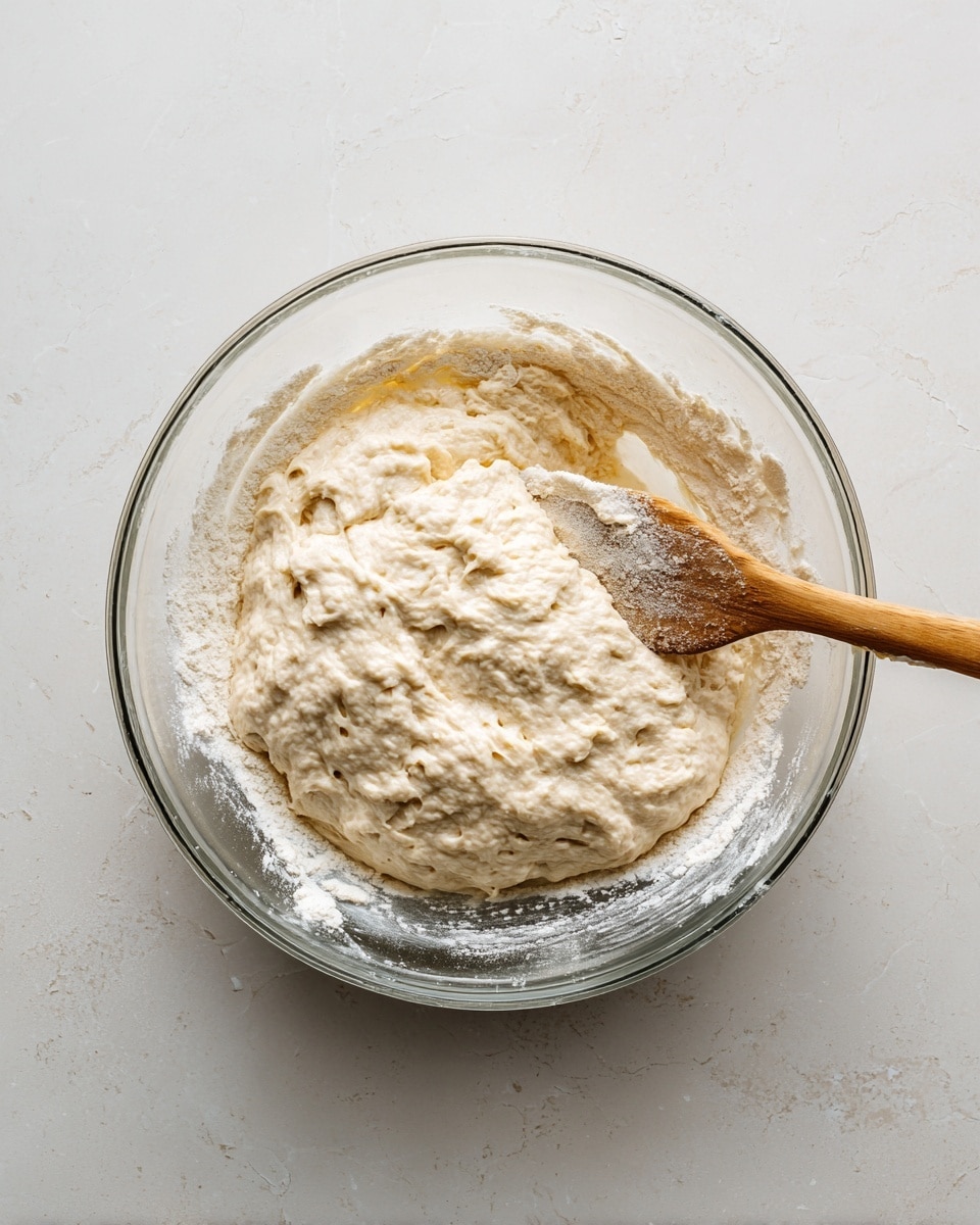 A clear glass bowl sits on a white marbled surface, filled with thick, bubbly dough that looks soft and sticky. The dough is light beige with small air pockets scattered throughout, showing it is rising. A wooden spatula with a light brown handle is partly buried in the dough on the right side, with some flour clinging to the edge. The dough spreads unevenly in the bowl, showing its sticky texture. Photo taken with an iphone --ar 4:5 --v 7