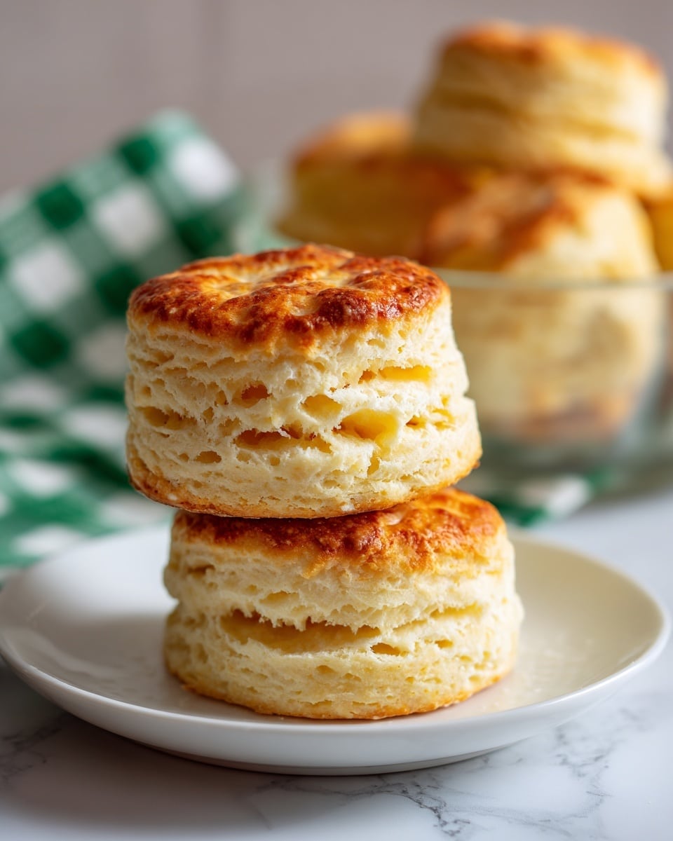 A close-up image of three round, thick biscuits stacked slightly on each other on a white plate. The biscuits have three visible layers with a golden-brown top and bottom, and a soft light yellow inside with a slightly crumbly texture. The edges are uneven and show the flaky layers. Behind the plate, a glass container holds more golden-brown biscuits placed on a green and white checkered cloth on a white marbled surface. Photo taken with an iphone --ar 4:5 --v 7