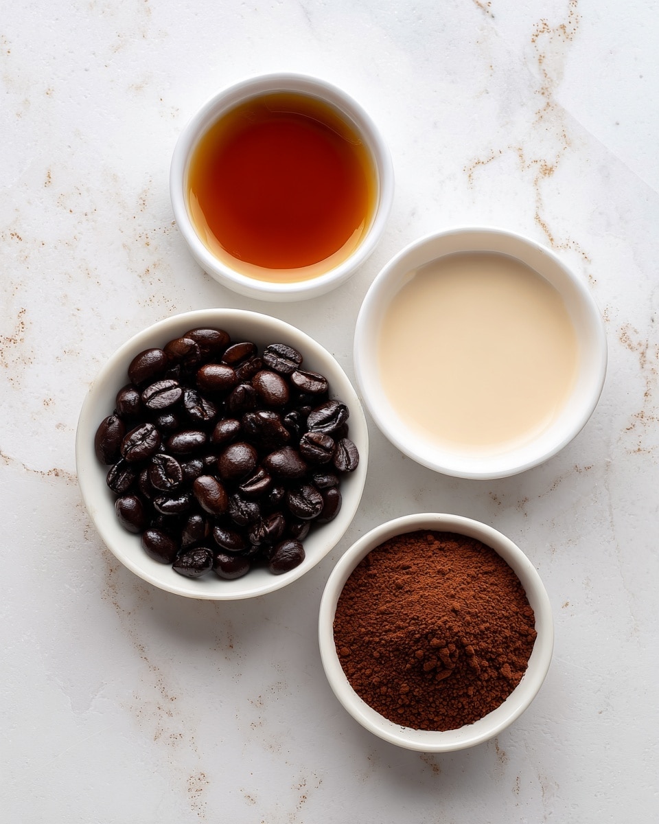 The image shows four small white bowls placed on a white marbled surface. The top bowl holds a dark amber colored flavored simple syrup with a smooth liquid texture. To the right, there is a bowl filled with creamy light beige creamer or milk, presenting a smooth and almost glossy surface. On the left side, a bowl is filled with dark brown freshly brewed espresso beans that have a shiny and slightly textured look. Below, a fourth bowl contains cacao powder, which is matte, finely textured, and rich brown in color. Each bowl is spaced apart clearly on the white marbled background. photo taken with an iphone --ar 4:5 --v 7