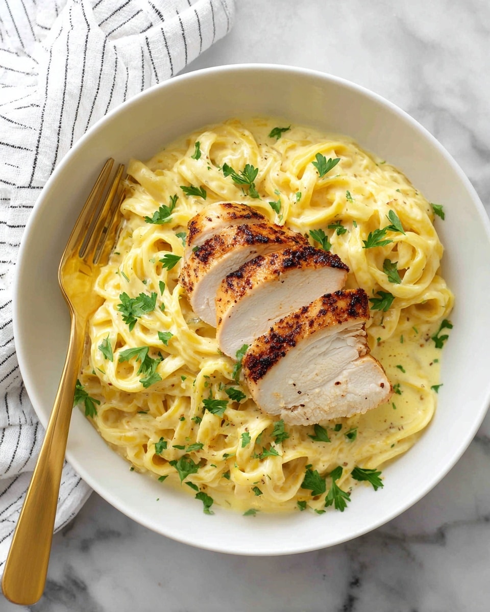 A white bowl filled with creamy fettuccine pasta as the base layer, light yellow and smooth with some herbs mixed in. On top, a sliced piece of grilled chicken breast with a golden brown, slightly crispy outer layer and white inside is neatly placed in the center. Small green parsley leaves are sprinkled over the pasta and chicken, adding a fresh touch. A gold fork is tucked on the left side of the bowl. The bowl is set on a white marbled surface with a white and gray striped cloth visible in the upper left corner. photo taken with an iphone --ar 4:5 --v 7