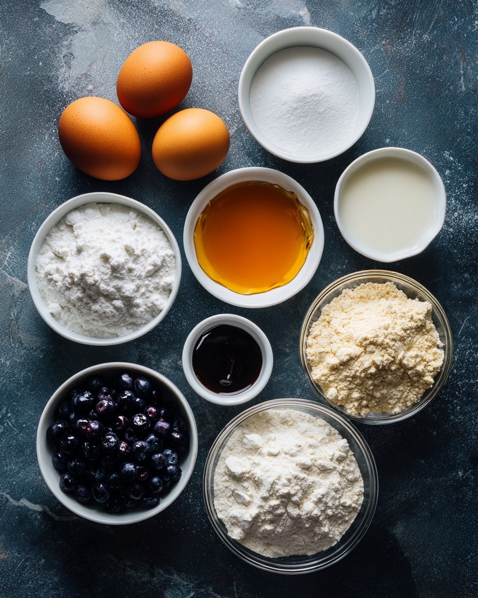 The image shows ingredients on a dark gray textured surface, arranged neatly with labels next to each. Starting from the top left, there are two brown eggs side by side. Below them is a small white bowl filled with white baking powder. Under that is another white bowl with amber-colored maple syrup. At the bottom left corner, a white bowl is filled with dark blueberries. On the right side, near the top, there is a white bowl containing creamy coconut oil. Below it is a white bowl filled with white milk. Under that, a white bowl has light beige protein powder. At the bottom right, the largest clear glass bowl is full of white flour. The background is a dark textured surface, but for MidJourney conversion, replace it with a white marbled texture. photo taken with an iphone --ar 4:5 --v 7
