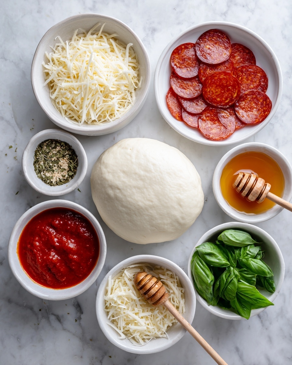 The image shows seven small white bowls arranged on a white marbled surface. In the center is a round ball of white dough. Surrounding it, starting from the top right and going clockwise, are thin, round red slices of pepperoni in a bowl, a small bowl with small beige and green dried herbs, a bowl filled with shredded white cheese, a bowl with thick red tomato sauce, a bowl containing bright red tomato paste, a small bowl with fresh green basil leaves, and finally, a bowl with golden honey and a wooden honey dipper resting inside. A woman's hand is holding the honey dipper above the bowl. photo taken with an iphone --ar 4:5 --v 7