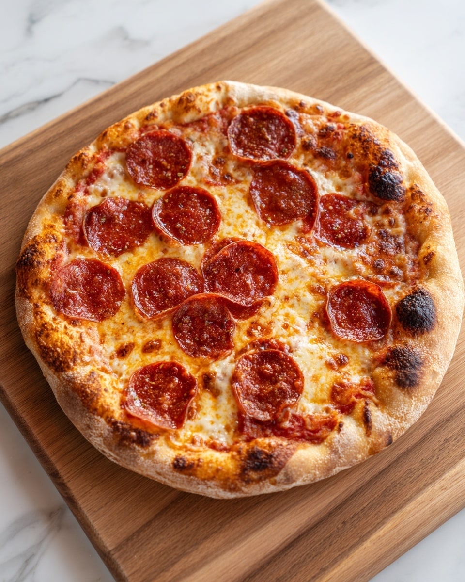 A round pizza with a golden-brown crust that is slightly uneven and has some dark, crispy spots. The pizza is topped with melted cheese covering the entire surface, which is bubbly and browned in some areas. Over the cheese are many round slices of pepperoni, some slightly curled and crisped at the edges with a reddish color. The pizza sits directly on a wooden board with a warm, natural grain pattern. The background is a white marbled texture. photo taken with an iphone --ar 4:5 --v 7