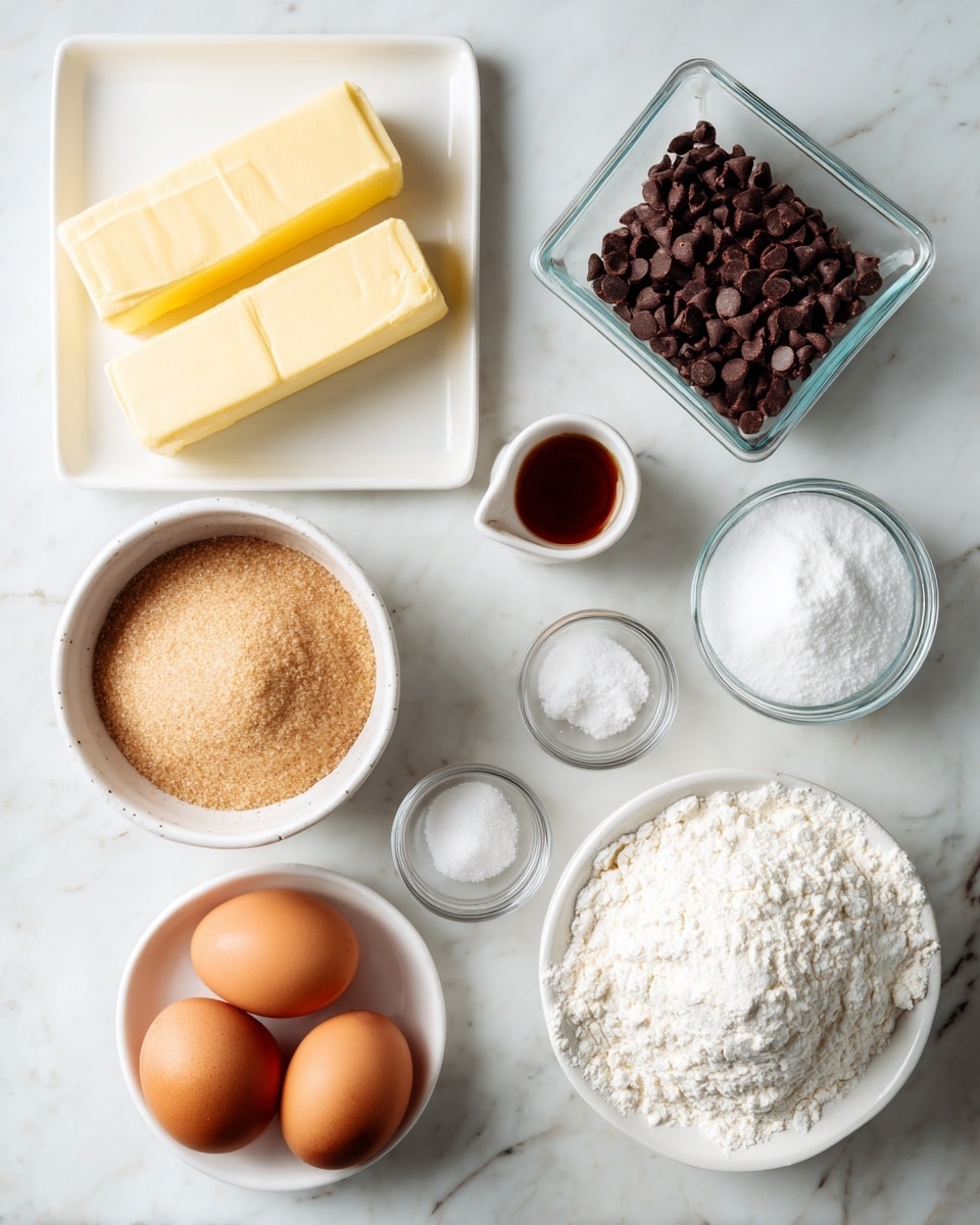 This image shows baking ingredients arranged neatly on a white marbled surface. There is a white rectangular plate at the top left holding two sticks of yellow butter. Below it, a white bowl filled with light brown sugar sits to the left, and next to it is a small white cup with vanilla extract. In the middle, a small white plate holds two brown eggs. To the right of the eggs, there are small clear bowls with salt and powder, and a white bowl filled with white flour. Toward the top right, a small square glass container is tilted, spilling dark brown chocolate chips onto the surface. The colors are soft and natural, creating a clean and organized look photo taken with an iphone --ar 4:5 --v 7