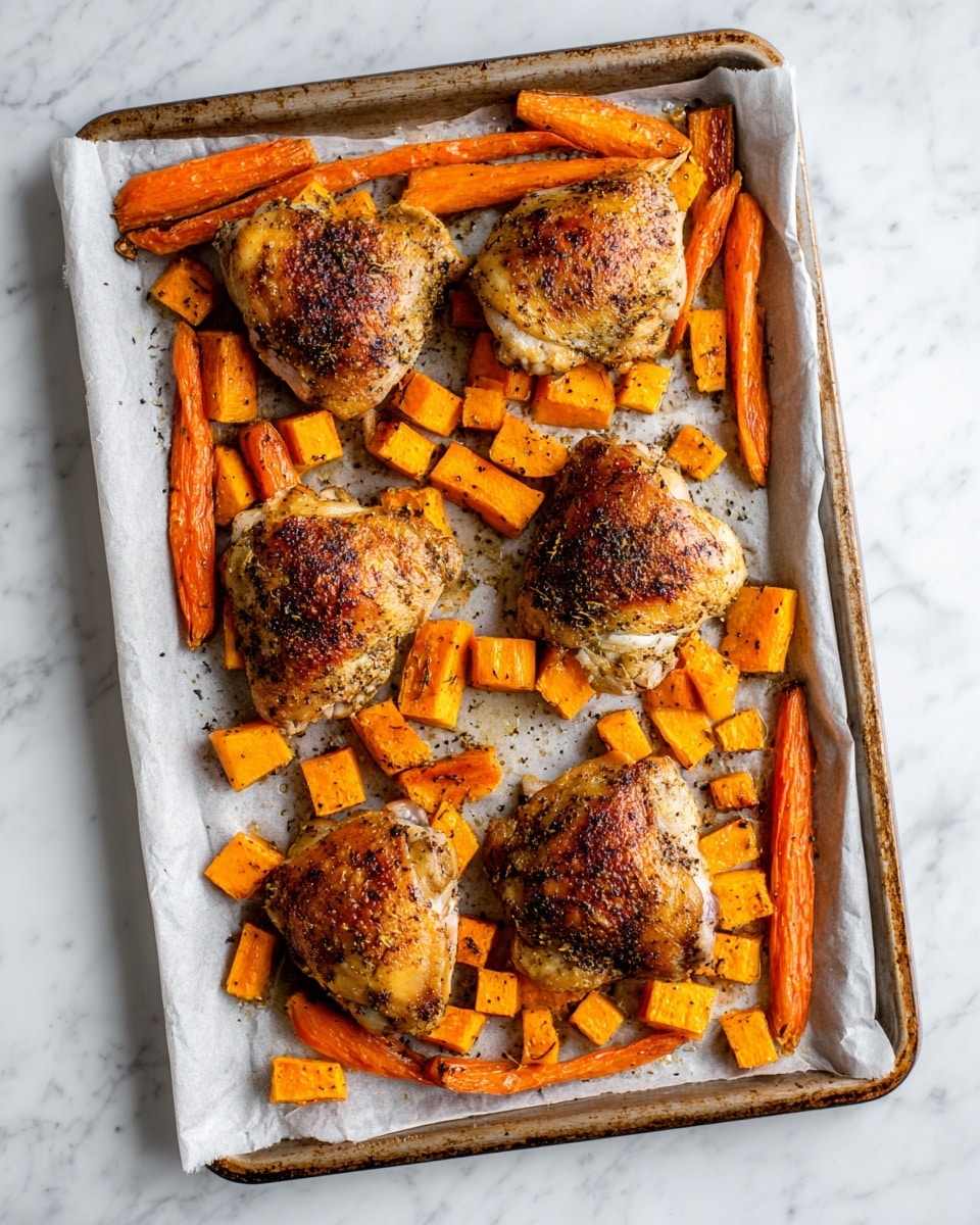A metal baking sheet with four browned, seasoned cooked chicken thighs evenly spaced on the surface. Surrounding the chicken are thick orange carrot sticks and small orange sweet potato cubes, all seasoned with black pepper and spices. The baking sheet is lined with white parchment paper, placed on a white marbled texture surface. The colors include golden-brown chicken skin and vibrant orange roasted vegetables with visible seasoning specks photo taken with an iphone --ar 4:5 --v 7