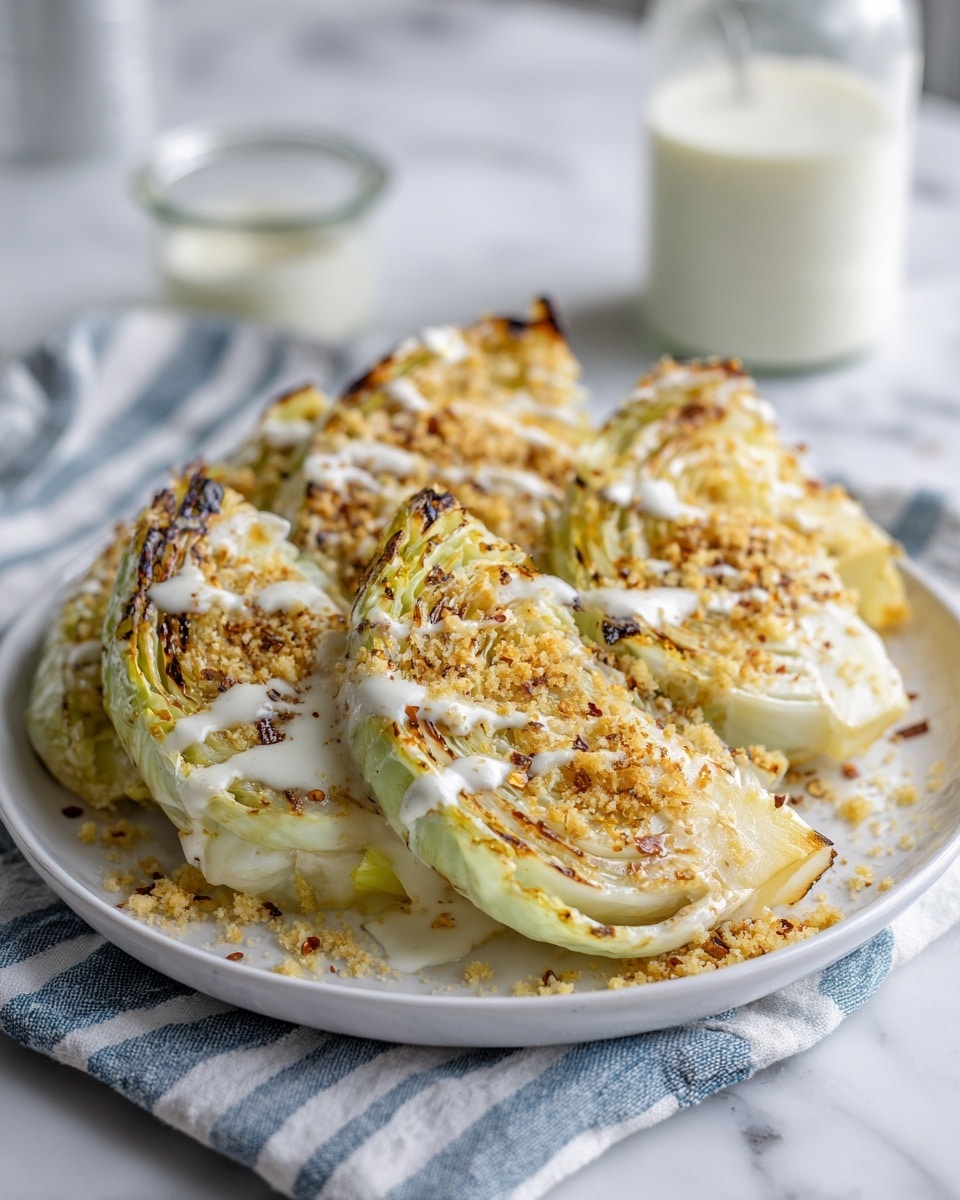 The image shows a white plate with five thick slices of grilled cabbage layered closely together. Each cabbage slice has light green and pale yellow colors with a slightly charred texture on the edges and surface. Creamy white sauce is drizzled in thin stripes over each cabbage slice, and a sprinkling of golden brown breadcrumbs or grated cheese is spread evenly on top, adding a crumbly texture. Red pepper flakes are scattered subtly across the dish. The plate sits on a soft blue and white striped cloth on a white marbled surface, and a glass jar with extra creamy sauce is blurred in the background. photo taken with an iphone --ar 4:5 --v 7