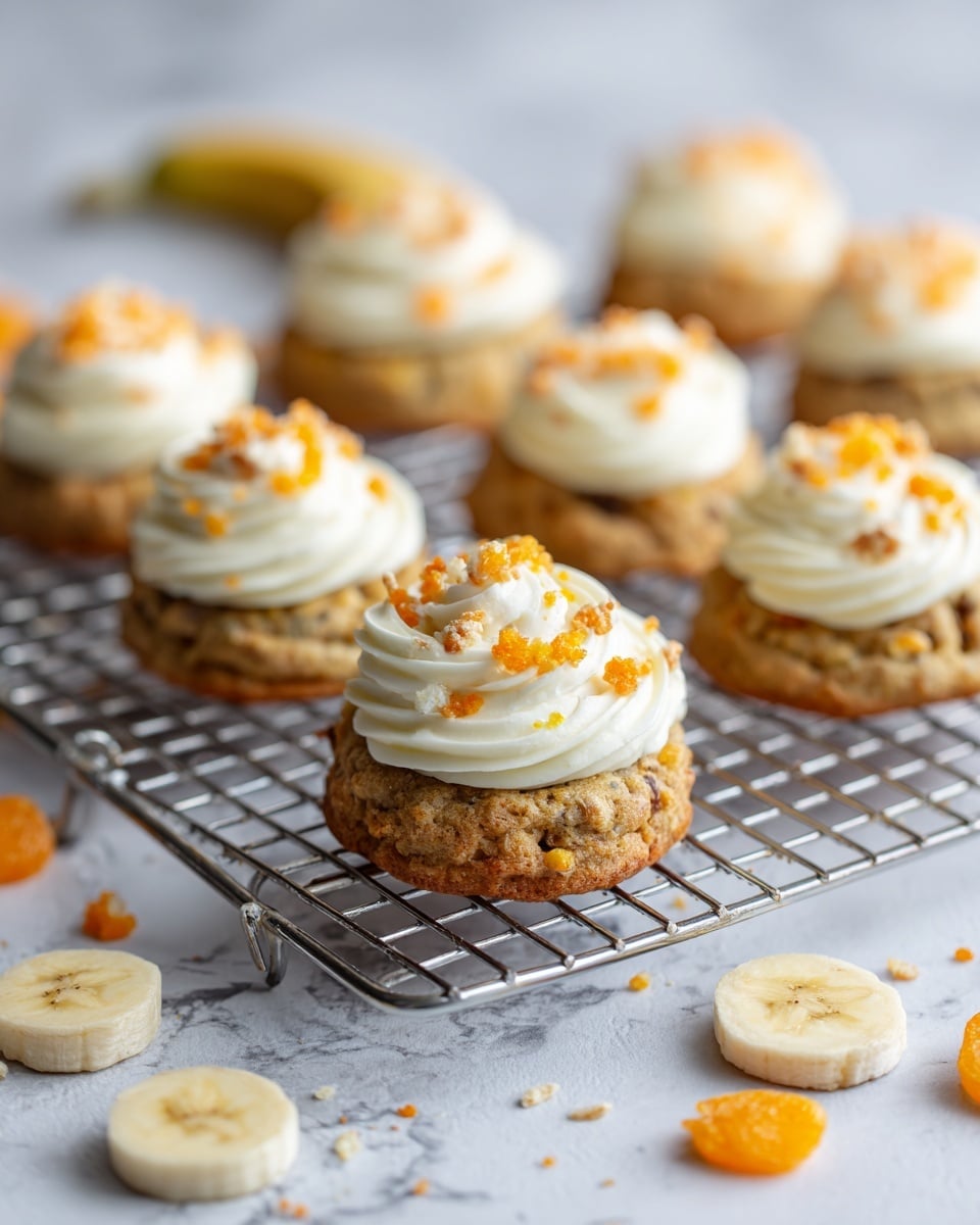 The image shows several cookies on a metal cooling rack placed on a white marbled surface. Each cookie has two layers: a golden-brown, rough-textured base with visible chunks, and a thick swirl of creamy white frosting on top. The frosting is decorated with small crumbled orange pieces sprinkled over it. Around the rack, there are banana slices and small orange cookie pieces scattered. The photo is bright and focused on the front cookies with a soft blur on the background, showing more cookies. Photo taken with an iphone --ar 4:5 --v 7