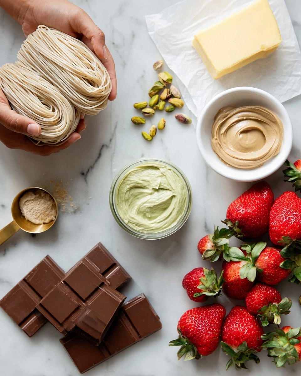 The image shows six close-up shots of ingredients for a dessert. At the top left, a woman’s hands hold ketaifi, which looks like thin, light beige strands of dough loosely gathered. To its right, there is a block of light yellow butter on white paper with a knife and some sliced pieces in front. Below ketaifi, a small glass jar filled with creamy green pistachio creme is surrounded by spilled whole pistachios and a small golden measuring cup. To the right of the pistachio creme, a round white bowl holds smooth, light tan tahini. Below the tahini, several pieces of rich dark brown chocolate bars are stacked on a white marbled surface. Next to the chocolate, bright red strawberries with fresh green leaves fill the frame, creating a fresh and vibrant look. Photo taken with an iphone --ar 4:5 --v 7