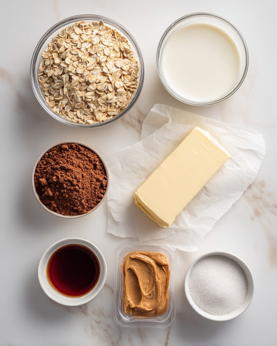 The image shows six ingredients arranged neatly on a white marbled surface. At the top left, there is a glass bowl filled with light tan rolled oats. To its right, a smaller glass bowl holds white milk. Below the oats, a small round bowl contains rich brown cocoa powder, and next to it is a large stick of pale yellow butter resting on white parchment paper. To the right of the butter, a clear plastic container is filled with smooth, light brown peanut butter. At the bottom left, a tiny white bowl holds dark red vanilla extract. Finally, at the bottom right, a white bowl is filled with fine white sugar. Everything is clean and clearly separated, with natural colors standing out in soft lighting. photo taken with an iphone --ar 4:5 --v 7