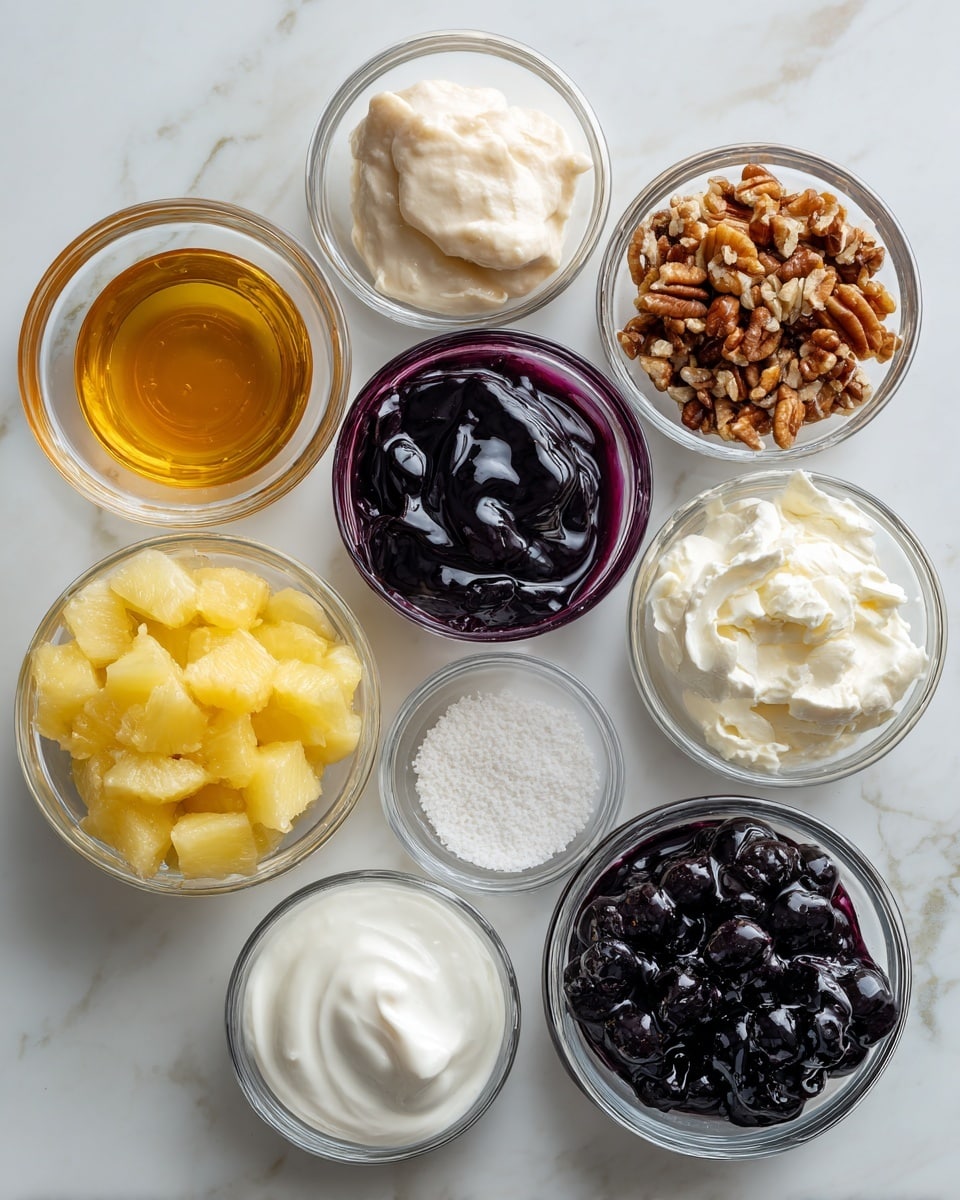 The image shows small clear bowls arranged neatly on a white marbled surface, each containing different ingredients for a dessert recipe. Starting from the top left, there is a bowl with golden vanilla extract, next to it a bowl holding smooth, pale purple blueberry jello. Below the vanilla extract is a bowl filled with deep purple blueberry juice, and beside that, a bowl of off-white cream cheese with a creamy texture. To the right of the cream cheese is a bowl of chopped pecans with a rough, brown texture. Below the pecans are small white granules of sugar in a clear bowl. At the bottom left, a bowl contains crushed pineapple with yellow, soft chunks surrounded by golden pineapple juice. Next to the pineapple juice is a bowl with thick, white sour cream. Finally, in the bottom center is a clear bowl full of dark canned blueberries, wet and shiny, with water in a clear bowl nearby. photo taken with an iphone --ar 4:5 --v 7