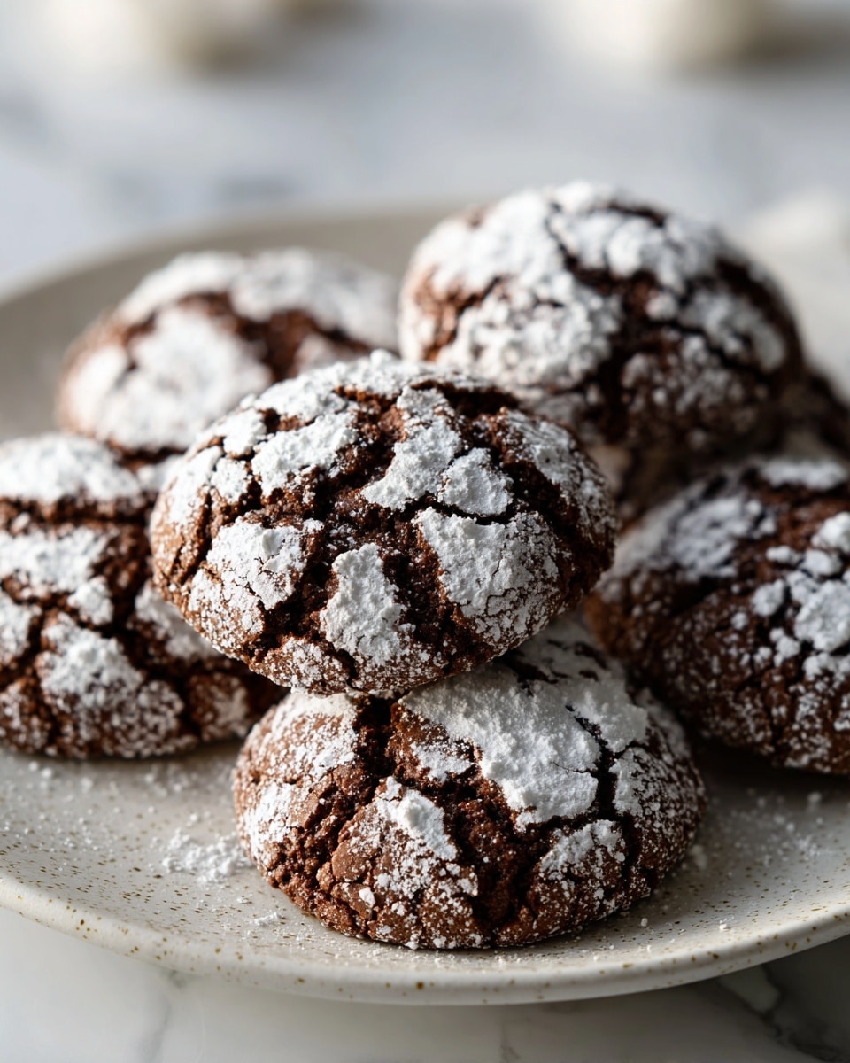 The image shows several dome-shaped chocolate cookies arranged closely on a white plate with a slightly rough texture. Each cookie is dark brown with a cracked surface and a dusting of white powdered sugar on top, giving them a light snowy appearance. The plate sits on a white marbled surface, and the background is softly blurred, with hints of white and natural wood tones visible in soft focus. photo taken with an iphone --ar 4:5 --v 7
