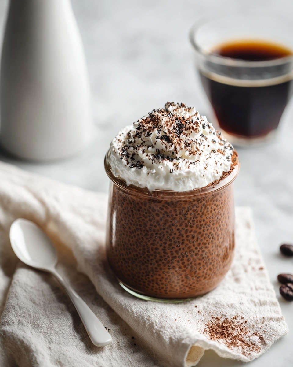 A clear glass jar filled with a thick layer of brown chia seed pudding speckled with black chia seeds sits on a white marbled surface. The jar is topped with a layer of white whipped cream, sprinkled generously with fine cocoa powder that also dusts the rim of the jar. Nearby, a white spoon lies on a textured cream-colored cloth, which has some cocoa powder scattered on it, adding to the casual and cozy feel of the scene. In the blurry background, there is a small glass of dark coffee and a white bottle, all set against the same white marbled surface. photo taken with an iphone --ar 4:5 --v 7